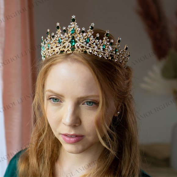 Green Gold Tiara Crown, Prom Crown, Bridal Headpiece, Cosplay Crown, Ren Faire - Picture 2 of 4